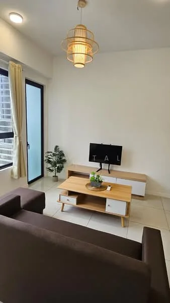 Living features: brown fabric sofa, wood coffee table, white TV console, wall-mounted TV, potted plant, floor-to-ceiling windows, sheer curtains, pendant light, ceramic tile flooring, white painted walls; style: modern.