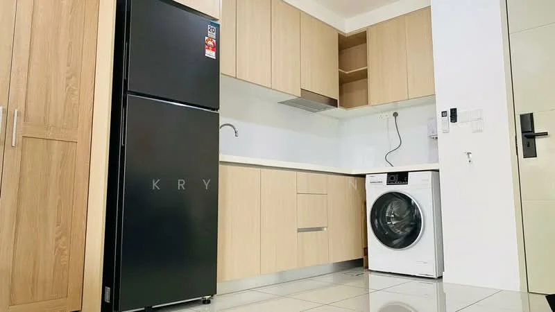 Laundry features: black fridge, white front-load washing machine, light wood cabinetry, white countertop, stainless-steel sink, tile flooring, wall-mounted extractor hood, open shelving; style: modern.