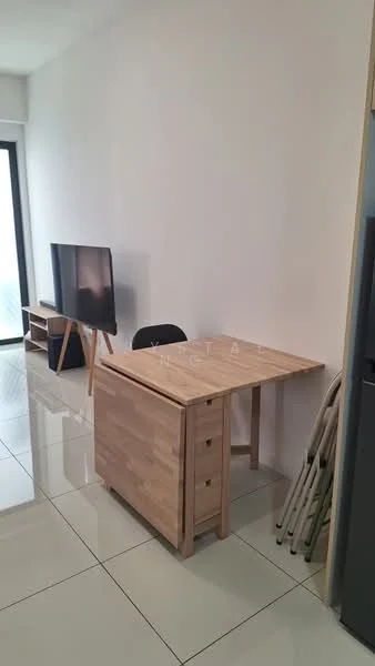 Room features: white painted walls, glossy tile flooring, wooden desk with drawers, black chair, wall-mounted TV, wooden TV console, foldable chairs, large window with natural light; style: modern.