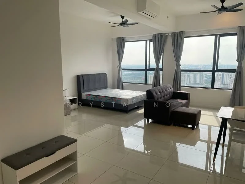 Living features: floor-to-ceiling windows, grey fabric sofa, queen-size bed frame without mattress, white tiled flooring, 2 ceiling fans, light grey curtains, dining table, open layout; style: modern; view: city.