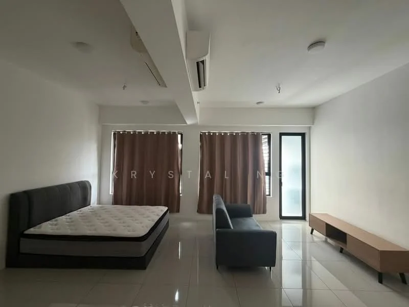 Room features: white painted walls, polished tile flooring, 2 large windows with sheer curtains, 1 wall-mounted split AC, ceiling lights, grey upholstered bed frame, mattress on bed frame, grey fabric sofa, wooden TV console, no visible decor; style: modern.