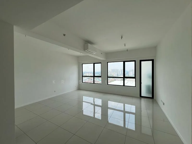 Living features: white painted walls, glossy white tile flooring, floor-to-ceiling windows, sliding glass door, recessed downlights, 1 wall-mounted split AC, open layout, city view; style: modern; view: city.