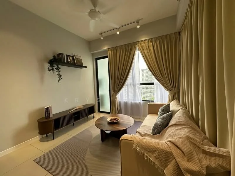 Living features: beige fabric sofa, round wooden coffee table, floor-to-ceiling windows, sheer curtains, light grey walls, recessed downlights, ceiling fan, wooden shelf, decorative plants, area rug with geometric pattern; style: modern; view: city.
