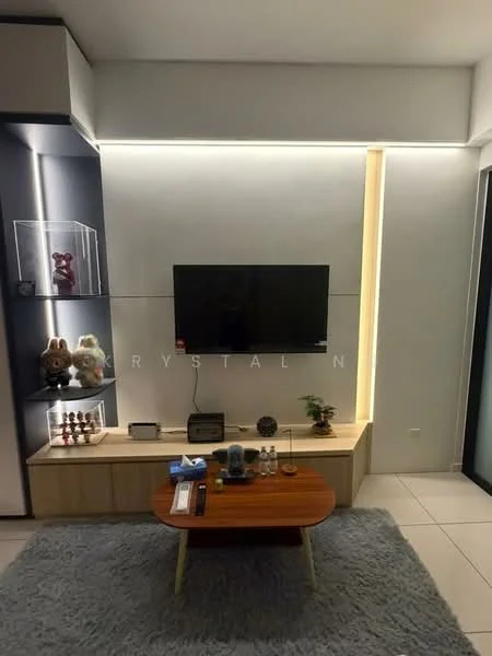 Living features: wall-mounted TV, wooden coffee table, light-colored cabinetry, decorative shelving unit, LED strip lighting, white painted walls, ceramic tile flooring, decorative figurines, framed artwork, modern decor; style: modern.