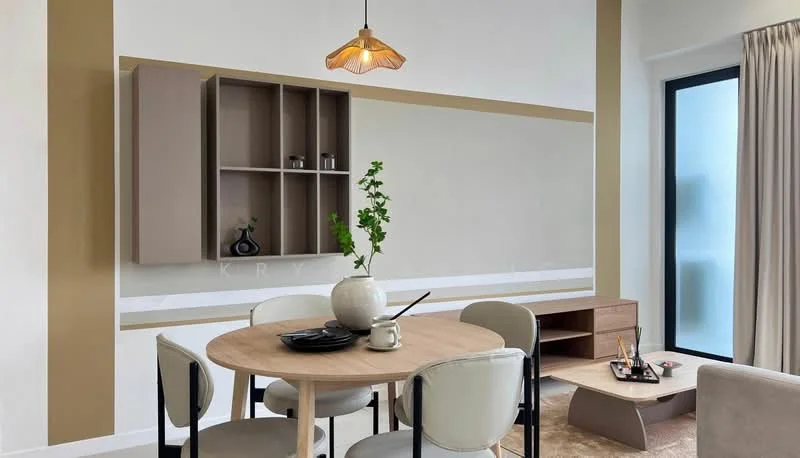 Dining features: round dining table, 4 upholstered dining chairs in cream, wooden sideboard with open shelving, pendant light fixture, decorative plant on table, neutral wall color with accent stripes, large window with sheer curtains, light-colored flooring; style: modern.