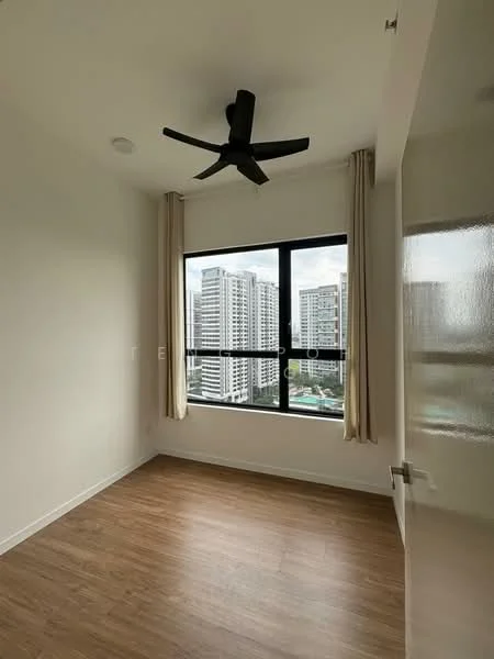 Bedroom features: wooden flooring, white painted walls, 5-blade ceiling fan, floor-to-ceiling window, sheer curtains, city view; style: modern; view: city.