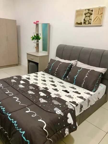Bedroom features: king-size bed with upholstered headboard, grey bedding with patterns, white walls, tile flooring, built-in wardrobe with light wood finish, decorative wall art with stones, nightstand with lamp, small potted plant on nightstand, dressing table with mirror; style: modern.