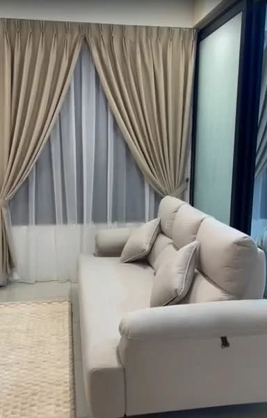 Living features: light beige fabric sofa, three cushions, cream area rug, floor-to-ceiling windows, sheer curtains, beige drapes, neutral wall color, tile flooring; style: modern.