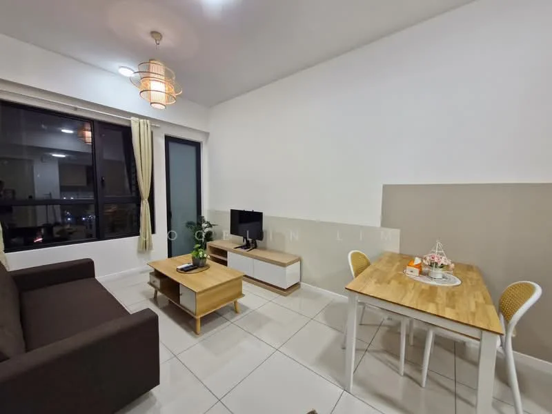 Living features: brown fabric sofa, wood coffee table, TV console, wall-mounted TV, dining table with wooden top, white dining chairs, floor-to-ceiling windows, curtains, white painted walls, tile flooring, ceiling light fixture; style: modern; view: city.