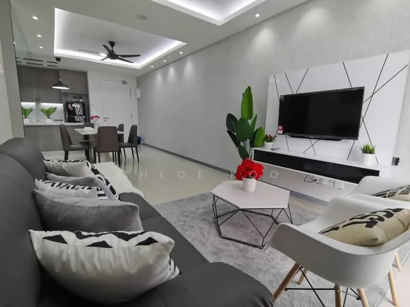 Living features: grey fabric sofa, decorative cushions, coffee table with geometric design, wall-mounted TV, feature wall with geometric pattern, recessed ceiling lights, ceiling fan, marble flooring, indoor plants, open layout to dining area, white walls with crown moulding; style: modern. Dining features: 4-seater dining table, upholstered dining chairs, decorative vase with flowers, open kitchen view, grey cabinetry; style: modern.