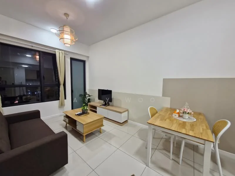 Living features: brown fabric sofa, wood coffee table, TV console, wall-mounted TV, dining table with 4 chairs, white painted walls, tile flooring, floor-to-ceiling windows, curtains, ceiling light fixture; style: modern; view: city.