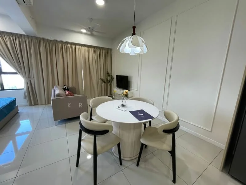 Dining features: round dining table, 4 upholstered dining chairs, pendant lamp, white walls with paneling, large window with sheer curtains, tile flooring, wall-mounted TV, sofa in background, decorative plant; style: modern. Living features: sofa, wall-mounted TV, decorative plant; style: modern.