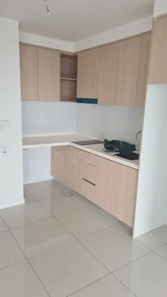 Kitchen features: light wood cabinetry, white countertop, stainless-steel sink, chrome pull-down faucet, ceramic tile flooring, built-in stove, open shelving, wall-mounted cabinets, backsplash with white tiles; style: modern.