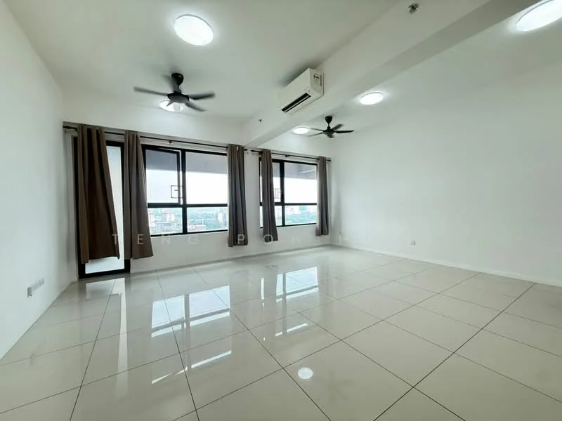 Living features: white painted walls, glossy ceramic tile flooring, 2 ceiling fans, floor-to-ceiling windows, curtains, recessed downlights, air conditioning unit; style: modern; view: city.