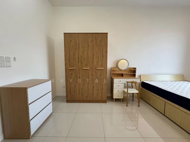 Bedroom features: queen-size bed, wooden headboard, built-in wardrobe with wooden finish, white dresser with three drawers, wooden study desk, wooden chair, round mirror on desk, glossy tile flooring, white walls; style: modern.