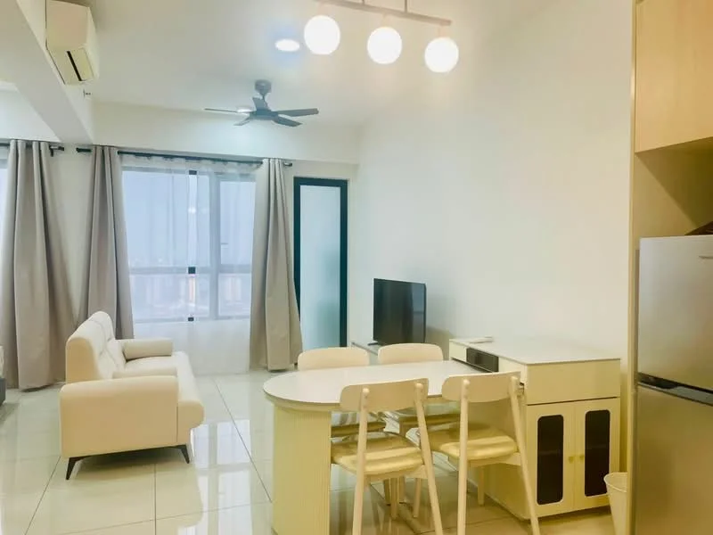 Living features: white painted walls, glossy tile flooring, 5-blade ceiling fan with light, sofa in white fabric, TV console, wall-mounted TV, dining table with 4 chairs, large windows with sheer curtains, recessed downlights; style: modern; view: city.