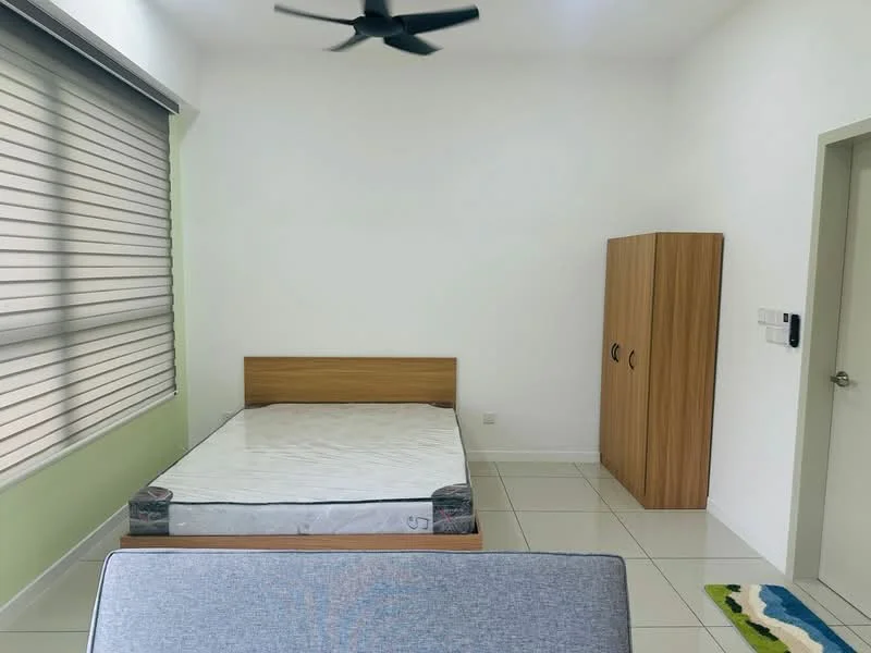 Bedroom features: queen-size bed frame without mattress, light green accent wall, white painted walls, sliding window with blinds, built-in wardrobe with wooden finish, tile flooring, ceiling fan, area rug with geometric pattern; style: modern.