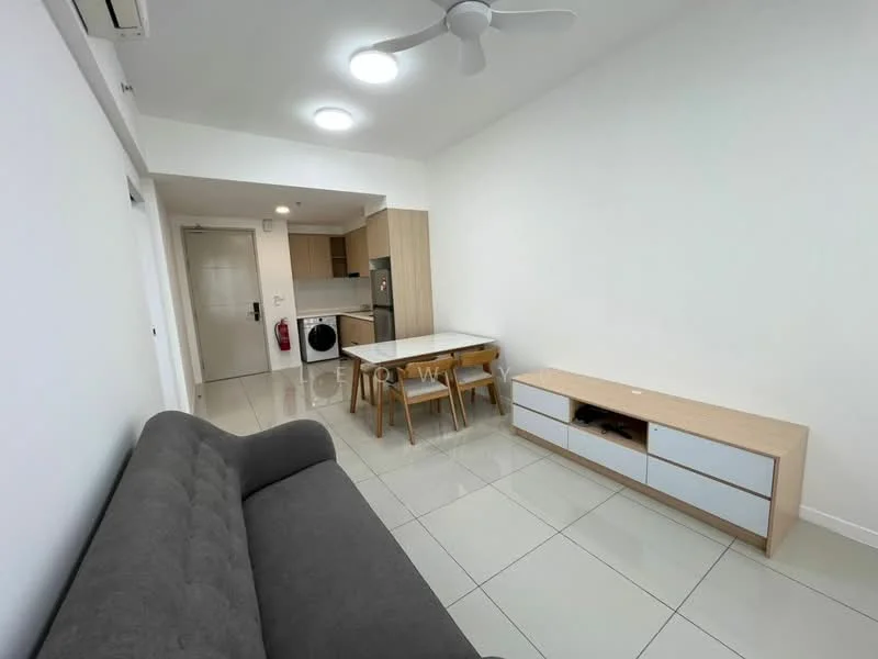 Living features: grey fabric sofa, coffee table, TV console with drawers, dining table with 4 wooden chairs, floor-to-ceiling windows, recessed downlights, wall-mounted air conditioning unit, white painted walls, glossy tile flooring; style: modern. Kitchen features: stainless-steel fridge, built-in oven, washing machine, wood cabinetry, countertop with backsplash, open layout; style: modern.