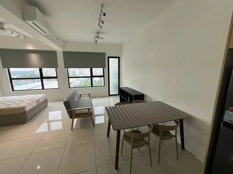 Room features: large windows with city view, white painted walls, glossy tile flooring, ceiling with recessed lighting, 2-blade ceiling fan, air conditioning unit, dining table with 4 chairs, sofa, queen-size bed, black storage unit; style: modern; view: city.