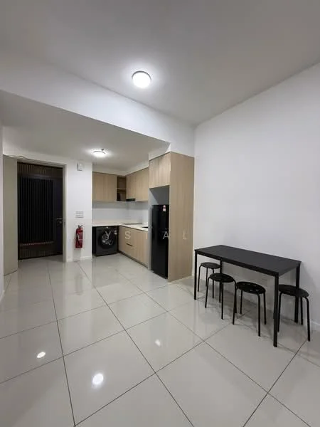 Kitchen features: white painted walls, cream cabinetry, black countertop, stainless-steel fridge, built-in oven, freestanding washing machine, 4-seater dining table, 3 black stools, tile flooring, recessed ceiling lights, door with security grill; style: modern.