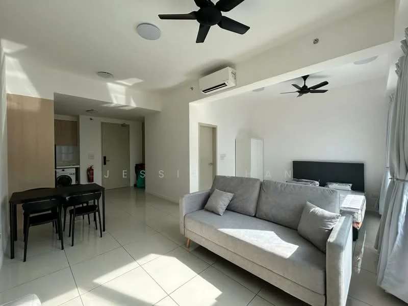 Living features: grey fabric sofa, 2-blade ceiling fan, wall-mounted TV, white painted walls, tile flooring, recessed downlights, large window with natural light, black dining table with 4 chairs, air conditioning unit; style: modern.