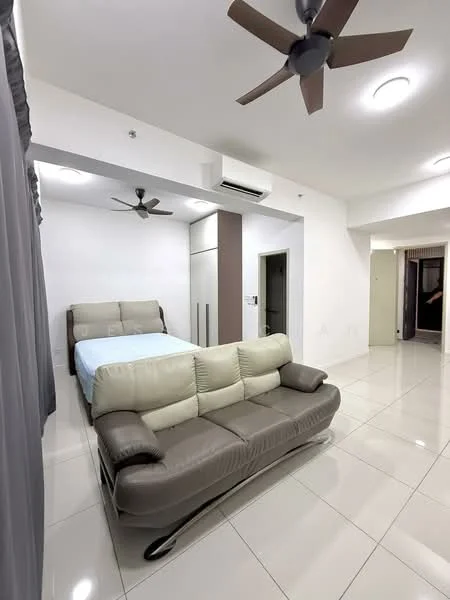 Room features: queen-size bed, upholstered headboard, 2-seater leather sofa in beige and brown, wall-mounted split AC, 2 ceiling fans, white painted walls, glossy tile flooring, recessed downlights, built-in wardrobe, curtains, doorway leading to another room; style: modern.