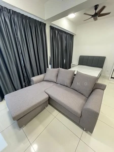 Living features: L-shape sectional sofa in grey fabric, 4 decorative cushions, white walls, floor-to-ceiling curtains in dark grey, tile flooring, ceiling fan, bed in background with upholstered headboard, nightstand with lamp; style: modern.