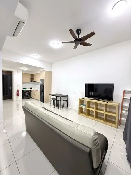 Living features: 3-seater leather sofa, coffee table, wall-mounted TV, TV console, 5-blade ceiling fan, recessed downlights, white painted walls, glossy tile flooring, open layout to kitchen, dining table for 4, built-in shelving unit; style: modern. Kitchen features: kitchen cabinets, countertop, stainless-steel sink, built-in appliances, open layout to living area; style: modern.