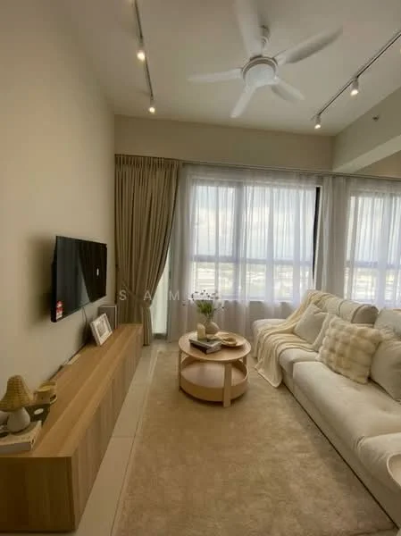 Living features: 3-seater fabric sofa in white, round coffee table, TV console in light wood, wall-mounted TV, floor-to-ceiling windows, sheer curtains, recessed downlights, ceiling fan, area rug with neutral color, decorative throw pillows, decorative plant in ceramic pot; style: modern; view: city.