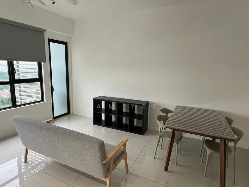 Living features: grey fabric sofa, black TV console, dining table with striped top, 4 dining chairs, floor-to-ceiling windows, white painted walls, glossy tile flooring, roller blinds; style: modern; view: city.
