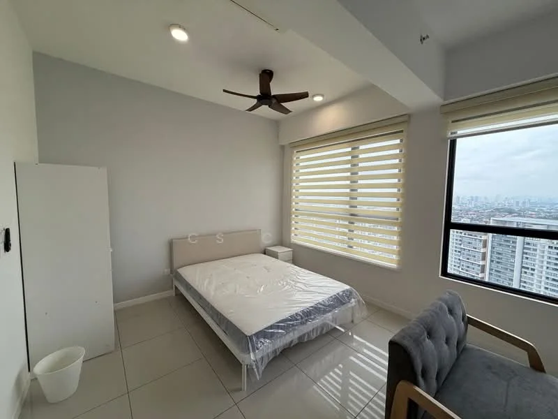Bedroom features: queen-size bed with mattress protector, grey upholstered headboard, 2 bedside tables, 3-blade ceiling fan, floor-to-ceiling windows, roller blinds, light grey painted walls, white tiled flooring, built-in wardrobe, decorative armchair, waste bin; style: modern; view: city.