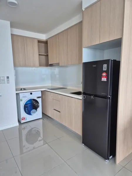 Kitchen features: light wood cabinetry, white countertop, black refrigerator, front-load washing machine, single-bowl stainless-steel sink, chrome pull-down faucet, ceramic tile flooring, glass backsplash, built-in oven, open shelving; style: modern.