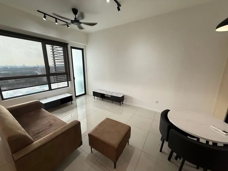 Living features: 3-seater fabric sofa in brown, ottoman, coffee table with marble top, TV console, floor-to-ceiling windows, city view, recessed downlights, ceiling fan, white painted walls, glossy tile flooring; style: modern; view: city. Dining features: round dining table with marble top, 4 upholstered dining chairs, white painted walls, glossy tile flooring; style: modern; view: city.