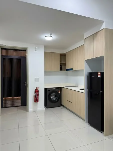 Kitchen features: white walls, light wood cabinetry, black refrigerator, built-in oven, ceramic tile flooring, white countertop, single-bowl stainless-steel sink, black washing machine, recessed ceiling lights, fire extinguisher, sliding door, open shelving; style: modern.
