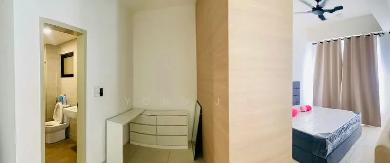 Room features: light-colored walls, neutral tiled flooring, built-in cabinetry, ceiling fan, large window with curtains, bed with mattress, decorative pillows, bathroom door visible, partition wall; style: modern.