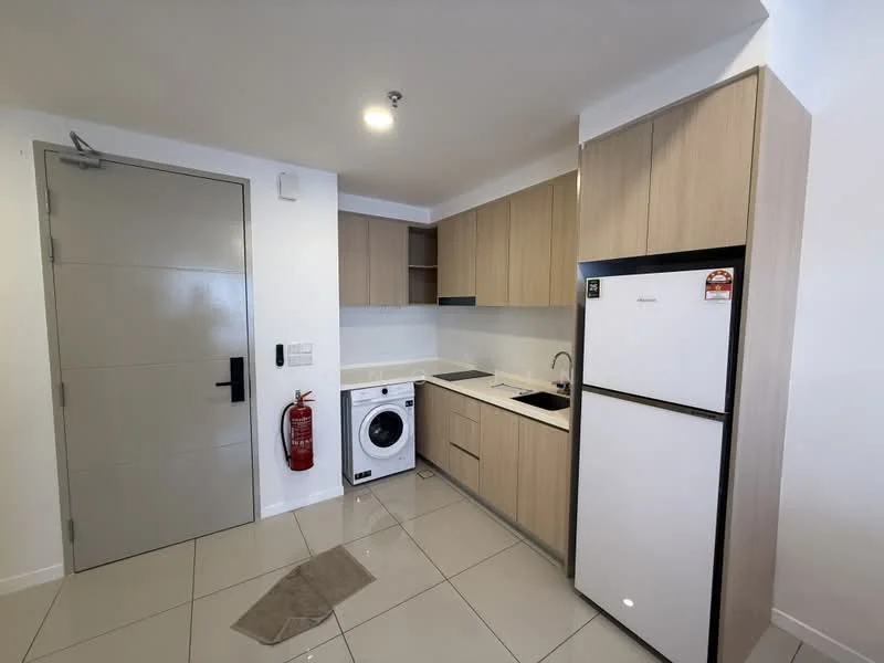 Kitchen features: white quartz countertop, light wood cabinetry, single-bowl stainless-steel sink, chrome pull-down faucet, built-in electric stove, built-in oven, white refrigerator, front-load washing machine, ceramic tile flooring, fire extinguisher mounted on wall, open shelving, under-cabinet lighting; style: modern.