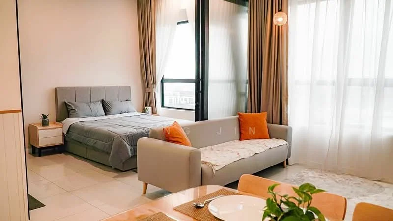 Living features: queen-size bed with grey upholstered headboard, light grey bedding, 2 bedside tables with lamps, sofa in light grey fabric, dining table with wooden surface, 4 dining chairs, large windows with sheer curtains, tile flooring, decorative plant on dining table, pendant light fixture, wall-mounted artwork; style: modern; view: city.