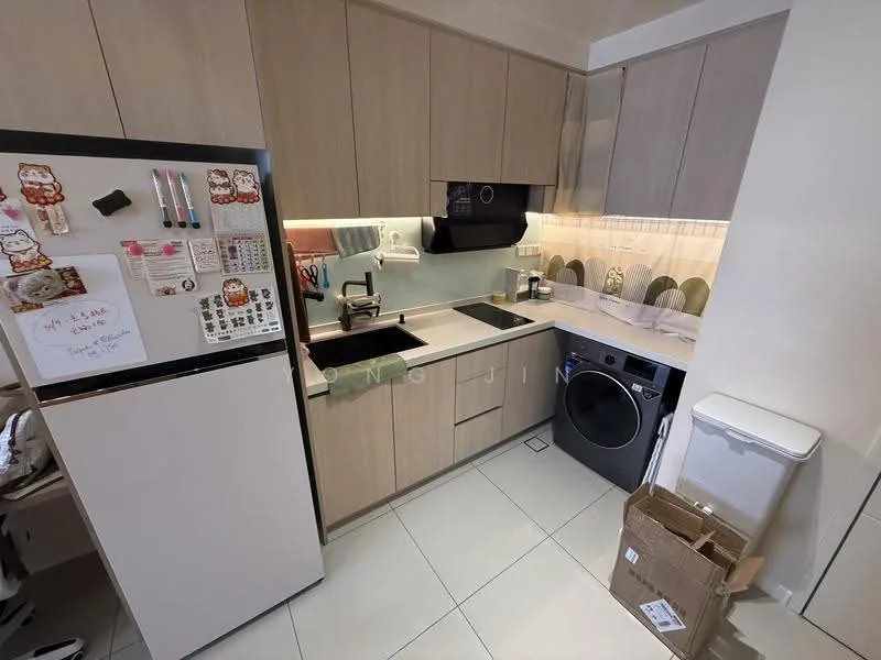 Kitchen features: light wood cabinetry, white countertop, single-bowl stainless-steel sink, chrome pull-down faucet, built-in oven, freestanding fridge, front-load washing machine, ceramic tile flooring, recessed LED downlights, wall-mounted microwave, decorative wall tiles, open shelving, kitchen utensils on display; style: modern.