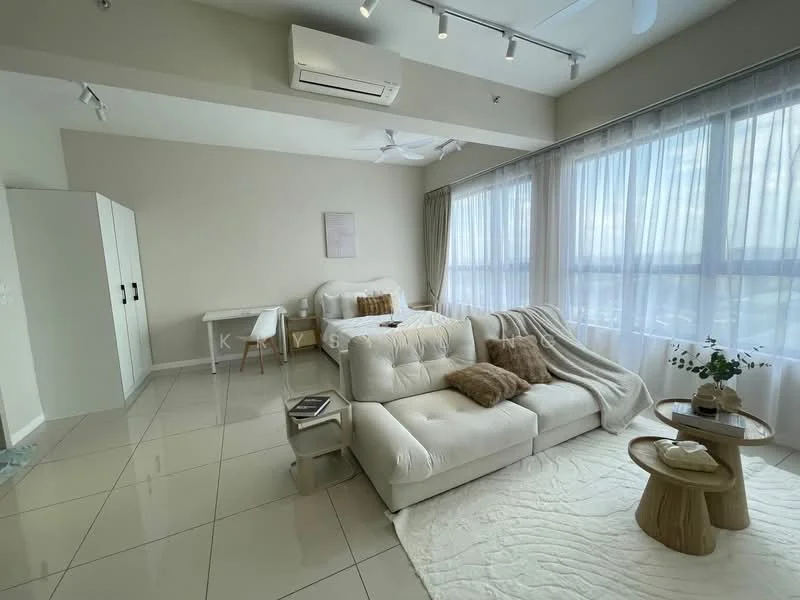 Living features: white leather sectional sofa, coffee table with wooden legs, area rug, floor-to-ceiling windows, sheer curtains, wall-mounted split AC, recessed downlights, light-colored walls, tile flooring, decorative throw pillows, small plant in ceramic pot, study desk with chair; style: modern; view: city.