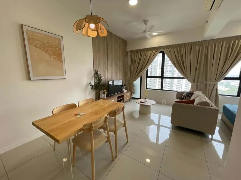 Living features: 3-seater fabric sofa in light grey, wooden dining table with 4 chairs, pendant lamp with floral design, floor-to-ceiling windows, curtains in light beige, light-coloured wall with wood paneling, white painted walls, glossy ceramic tile flooring, TV console, decorative plant in pot, coffee table, area rug, ceiling fan with light; style: modern; view: city.