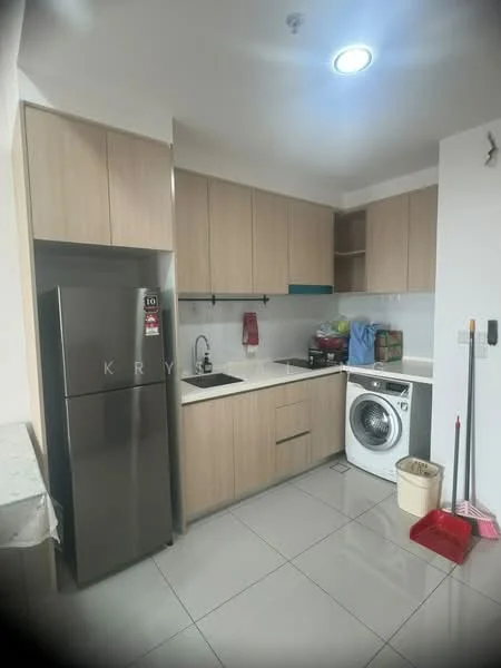 Kitchen features: light wood cabinetry, black countertop, single-bowl stainless-steel sink, chrome pull-down faucet, built-in oven, freestanding washing machine, stainless-steel fridge, ceramic tile flooring, recessed downlights, white tiled backsplash, open shelving, kitchen utensils on countertop; style: modern.