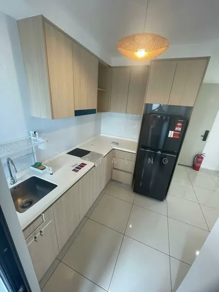 Kitchen features: laminate cabinetry in light wood finish, white quartz countertop, single-bowl stainless-steel sink, chrome pull-down faucet, built-in electric cooktop, black refrigerator, pendant light fixture, ceramic tile flooring, wall-mounted fire extinguisher, open shelving, white tiled backsplash; style: modern.