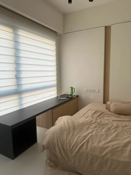 Bedroom features: queen-size bed with beige bedding, wooden bedside table, black console table, large window with sheer roller blinds, white painted walls, light-colored flooring, ceiling lights, built-in wardrobe; style: modern.