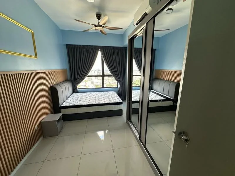 Bedroom features: two single beds with mattresses, wood panel accent wall, light blue painted walls, floor-to-ceiling windows, blackout curtains, ceiling fan, white tiled flooring, built-in mirrored wardrobe; style: modern; view: city.