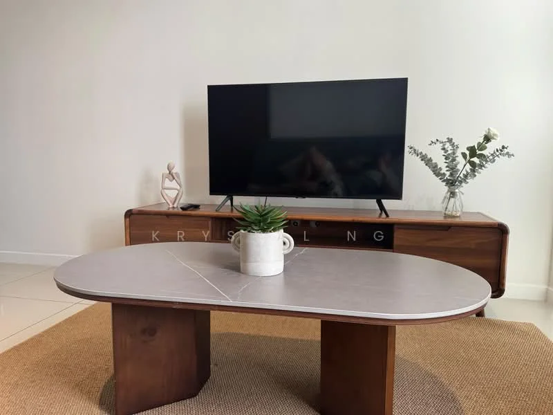 Living features: flat-screen TV on wooden console, decorative vase with flowers, succulent plant in white pot, round coffee table with two wooden legs, beige area rug, white painted walls, tile flooring; style: modern.
