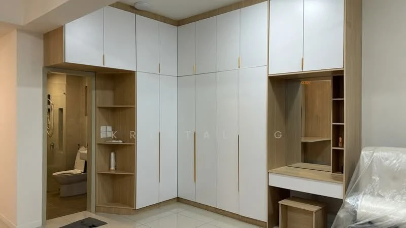 Room features: white cabinetry with wooden accents, built-in wardrobe, open shelving, desk with drawer, glossy tile flooring, recessed lighting, neutral wall colour, bathroom door visible, mirror above desk; style: modern.