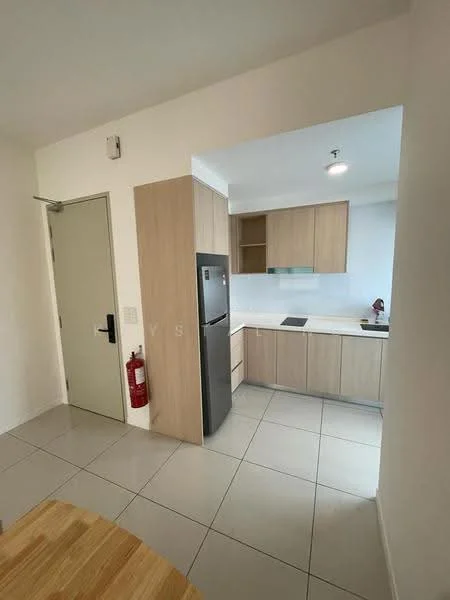 Kitchen features: light wood cabinetry, white countertop, stainless-steel fridge, built-in stove, glass backsplash, tile flooring, recessed downlights, open layout, fire extinguisher mounted on wall, single-bowl stainless-steel sink, kitchen island with seating, wall-mounted cabinets; style: modern.