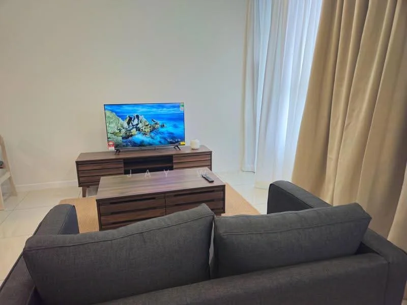 Living features: 3-seater fabric sofa in grey, wooden coffee table, TV console, wall-mounted TV, floor-to-ceiling windows, sheer curtains, light-coloured walls, tile flooring, area rug, decorative items on coffee table; style: modern.