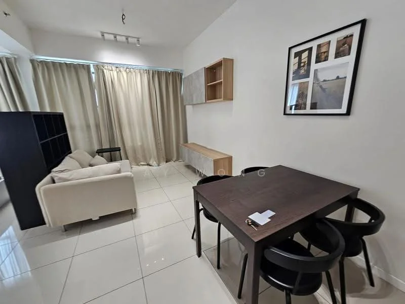 Living features: white painted walls, glossy white tile flooring, sofa in cream fabric, black bookshelf, wooden sideboard, framed artwork on wall, dining table in dark wood, 4 black dining chairs, curtains in light beige, recessed ceiling lights; style: modern.
