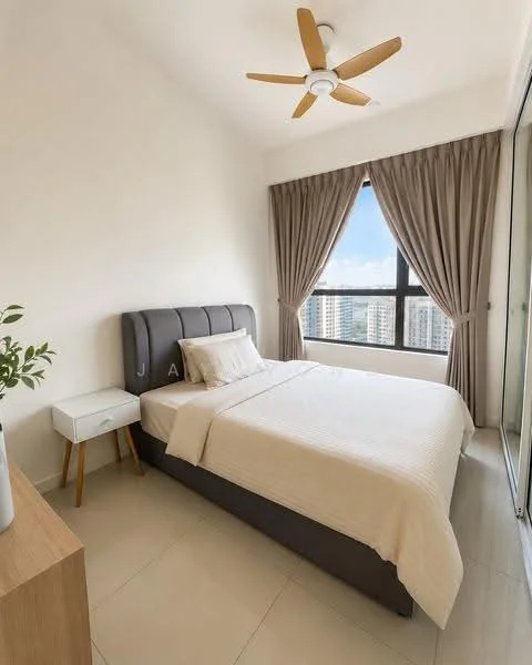 Bedroom features: queen-size bed with upholstered headboard, white bedding, nightstand with drawer, floor-to-ceiling window, curtains in beige, ceiling fan with light, light-colored tiled flooring, decorative plant on nightstand; style: modern; view: city.